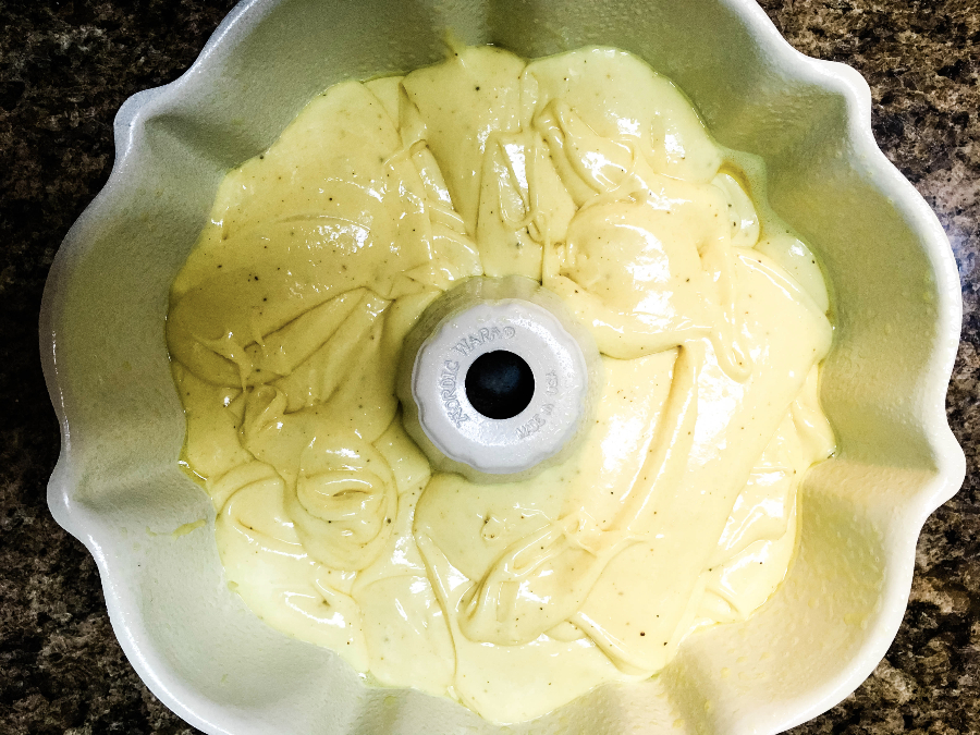 eggnog cake batter in a bundt pan