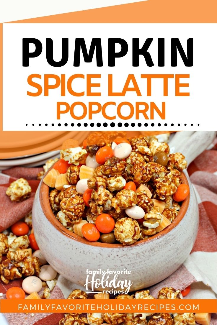 cream and orange colored bowl overflowing with pumpkin spice latte popcorn snack mix