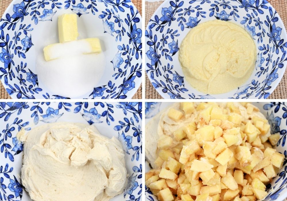 collage image featuring four photos that show the steps to making the batter for country apple cake
