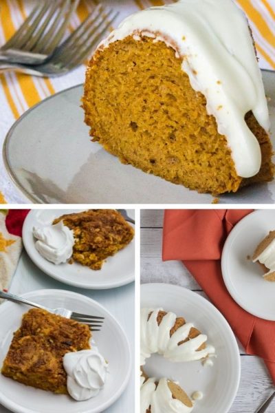 collage image featuring three pumpkin desserts made with boxed cake mix