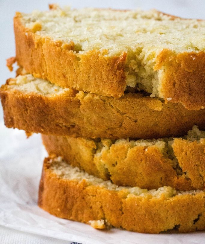 slices of sugar free banana bread are stacked on top of each other