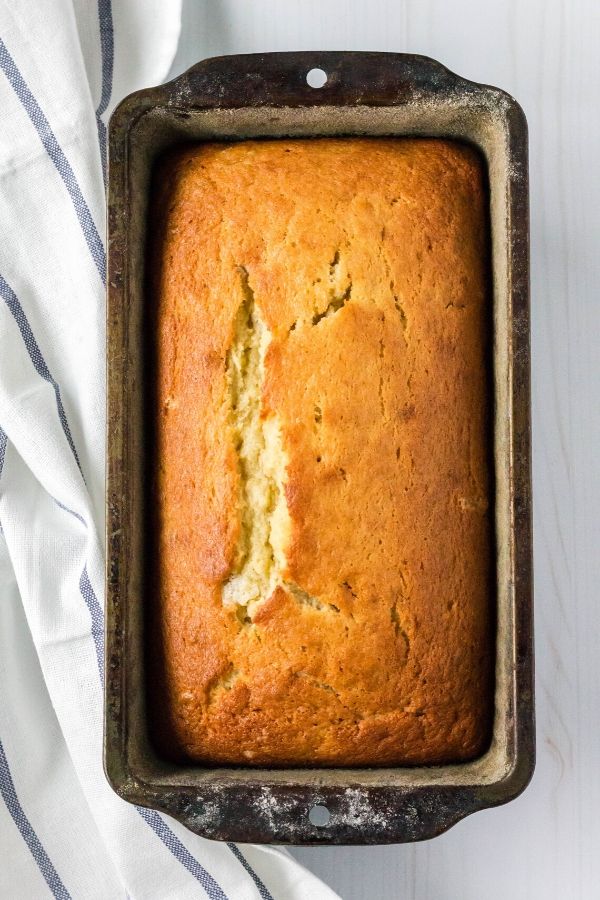 delicious banana bread made with lakanto sweetener, still in the loaf pan