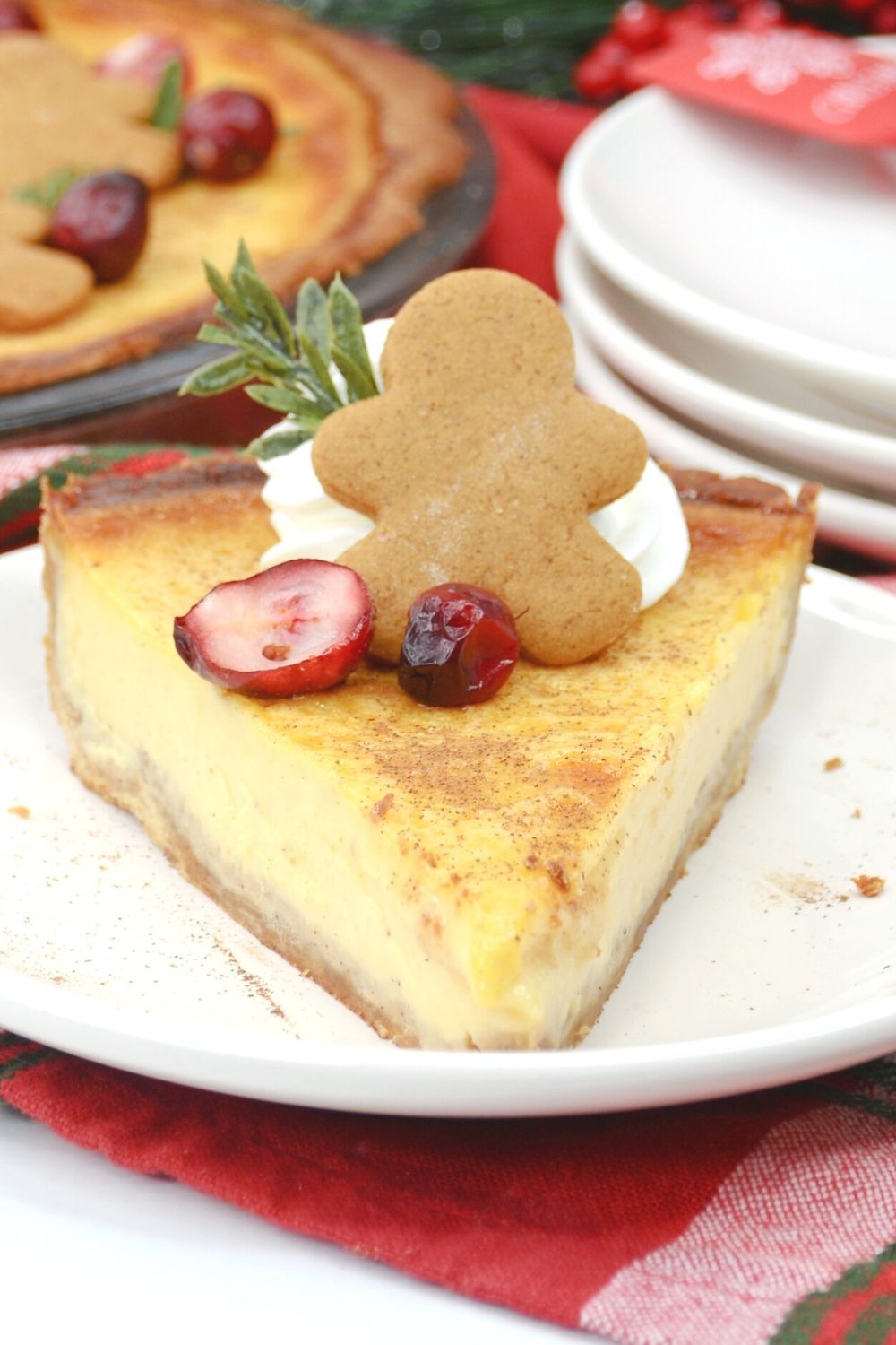 close-up view of the garnishes on a slice of eggnog pie, which include a gingerbread cookie and sliced fresh cranberries, along with a scoop of whipped cream