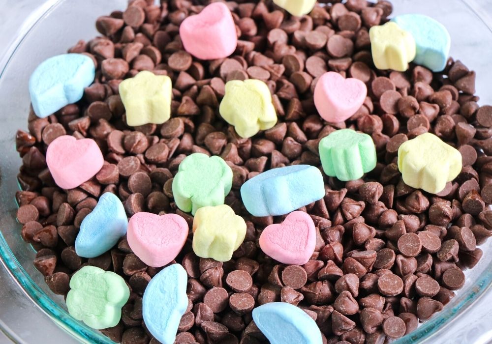 a few Lucky Charms marshmallows placed over chocolate chips