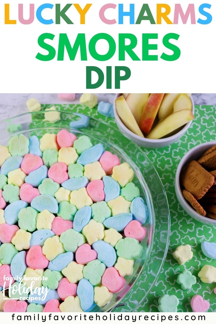 overhead view of a pie plate with Lucky Charms s'mores dip served in it for St. Patrick's Day