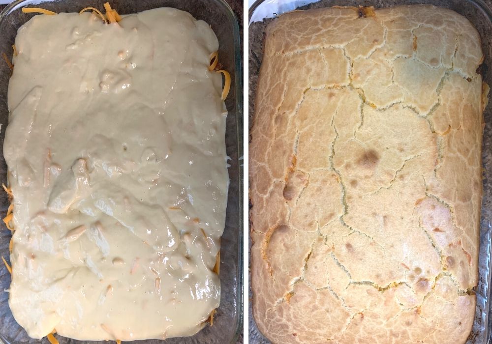 collage image with one photo showing the remaining batter poured over the cheese, and the other photo showing freshly baked bola de carne.