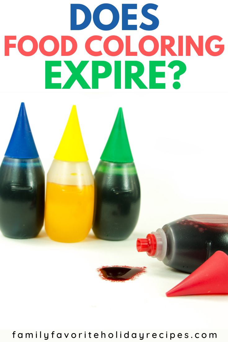 blue, yellow, green, and red bottles of food coloring. An overlay reads, "Does Food Coloring Expire?"
