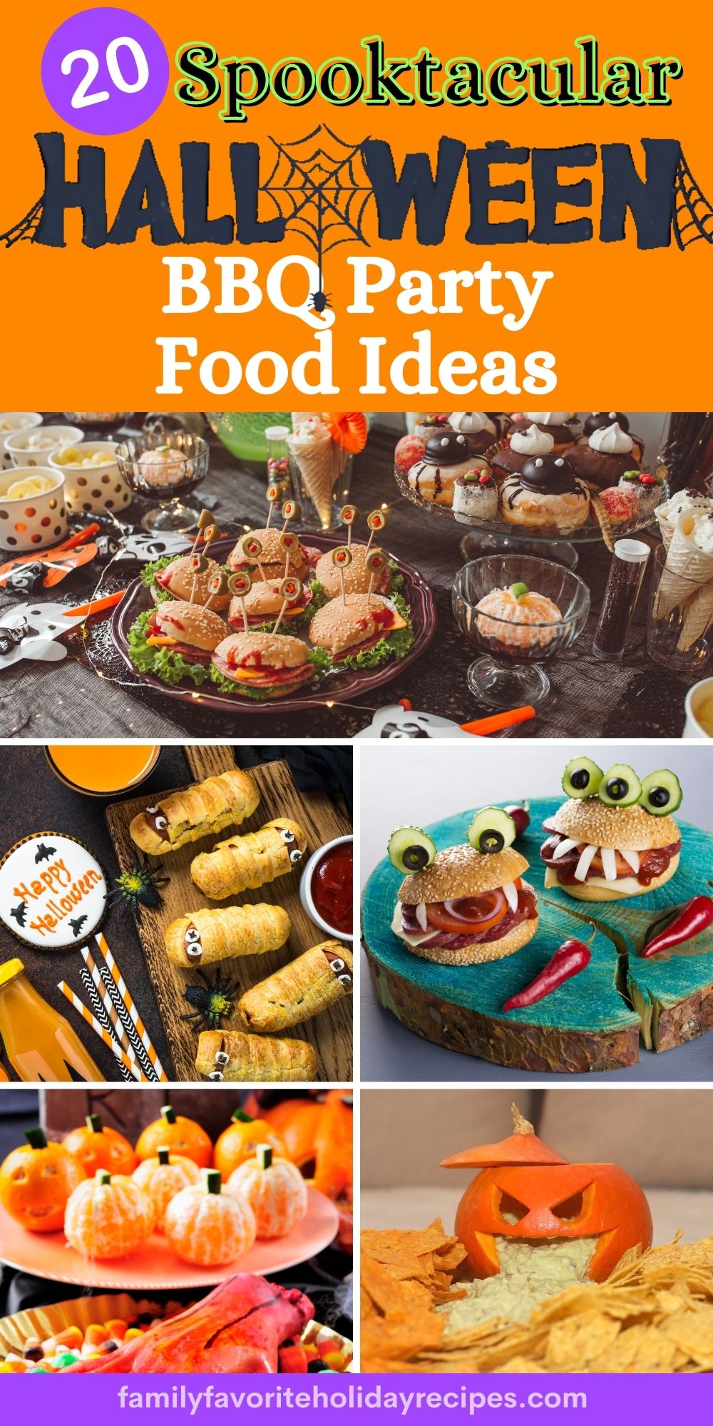collage image featuring various Halloween BBQ food ideas, including sandwiches, hot dogs, fruit, dip, and more. An overlay reads, "20 Spooktacular Halloween BBQ Party Food Ideas"