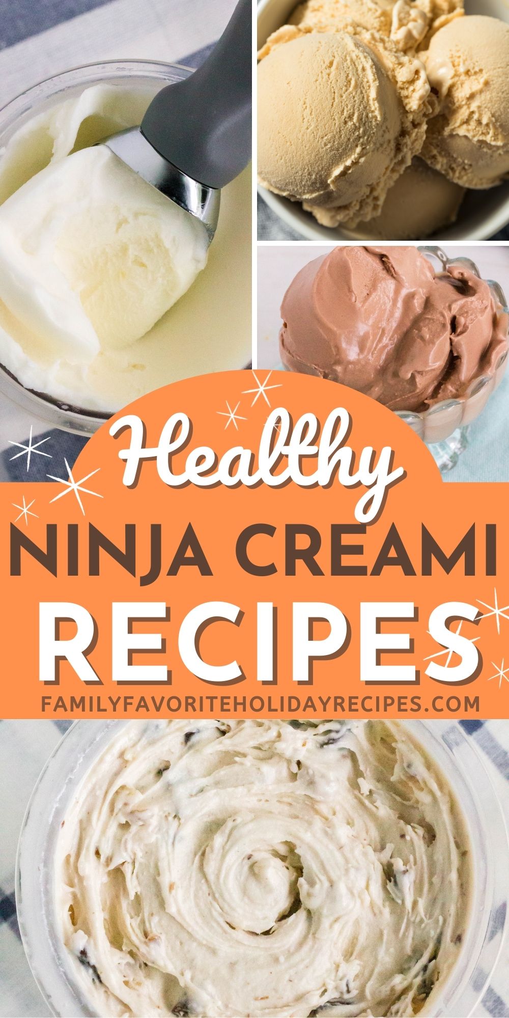 collage of different healthy Ninja Creami recipes, including ice creams and sorbets.