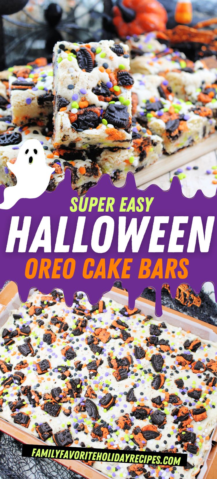 two photos featuring Halloween Oreo cake bars