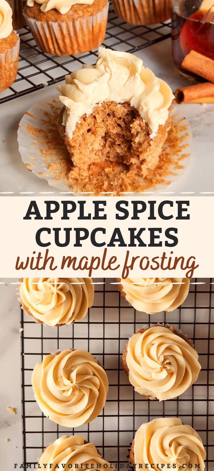 two photos of apple spice cupcakes, including an overhead view of frosted cupcakes on a wire rack, as well as a cupcake with a bite taken out of it