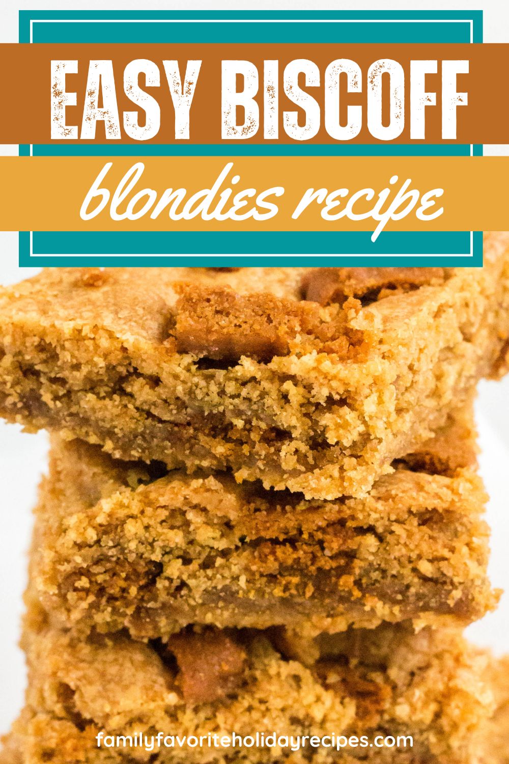 several Biscoff blondies stacked on top of each other