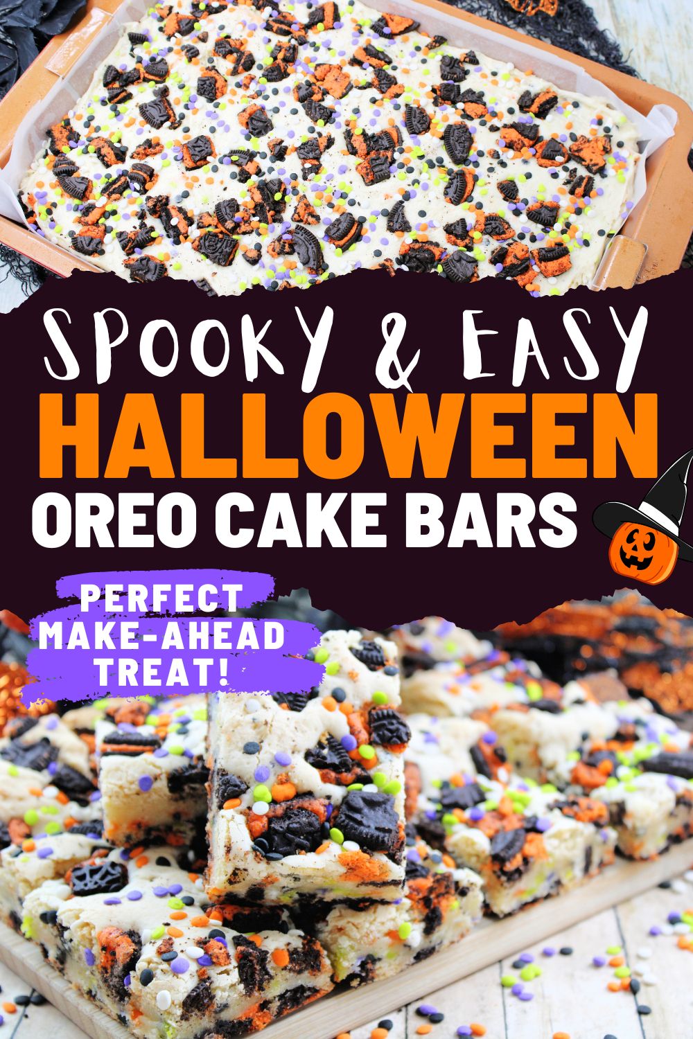two photos showing Halloween Oreo cake bars; one shows the pan and one shows sliced bars.