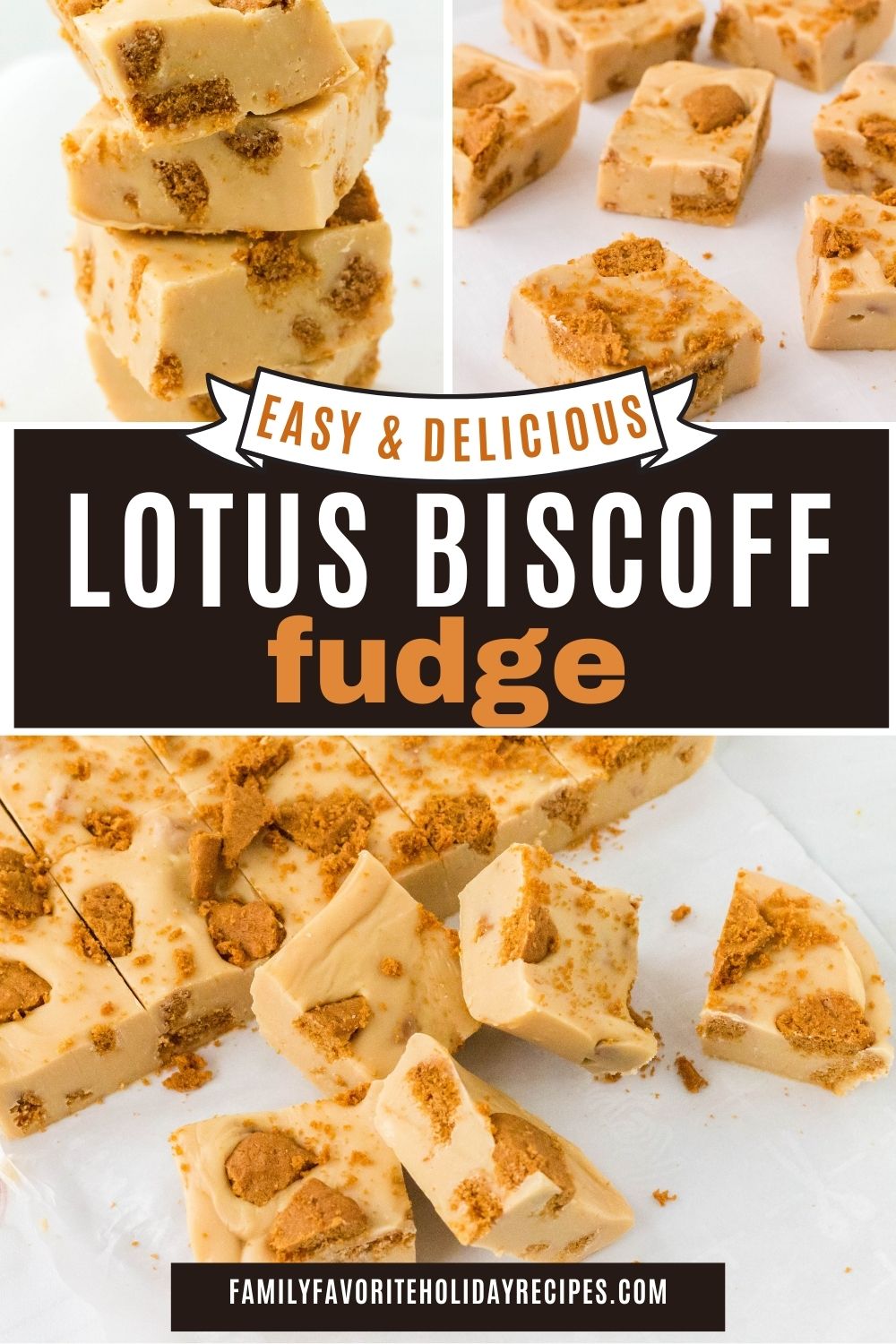 three photos showing Biscoff fudge at different angles. 