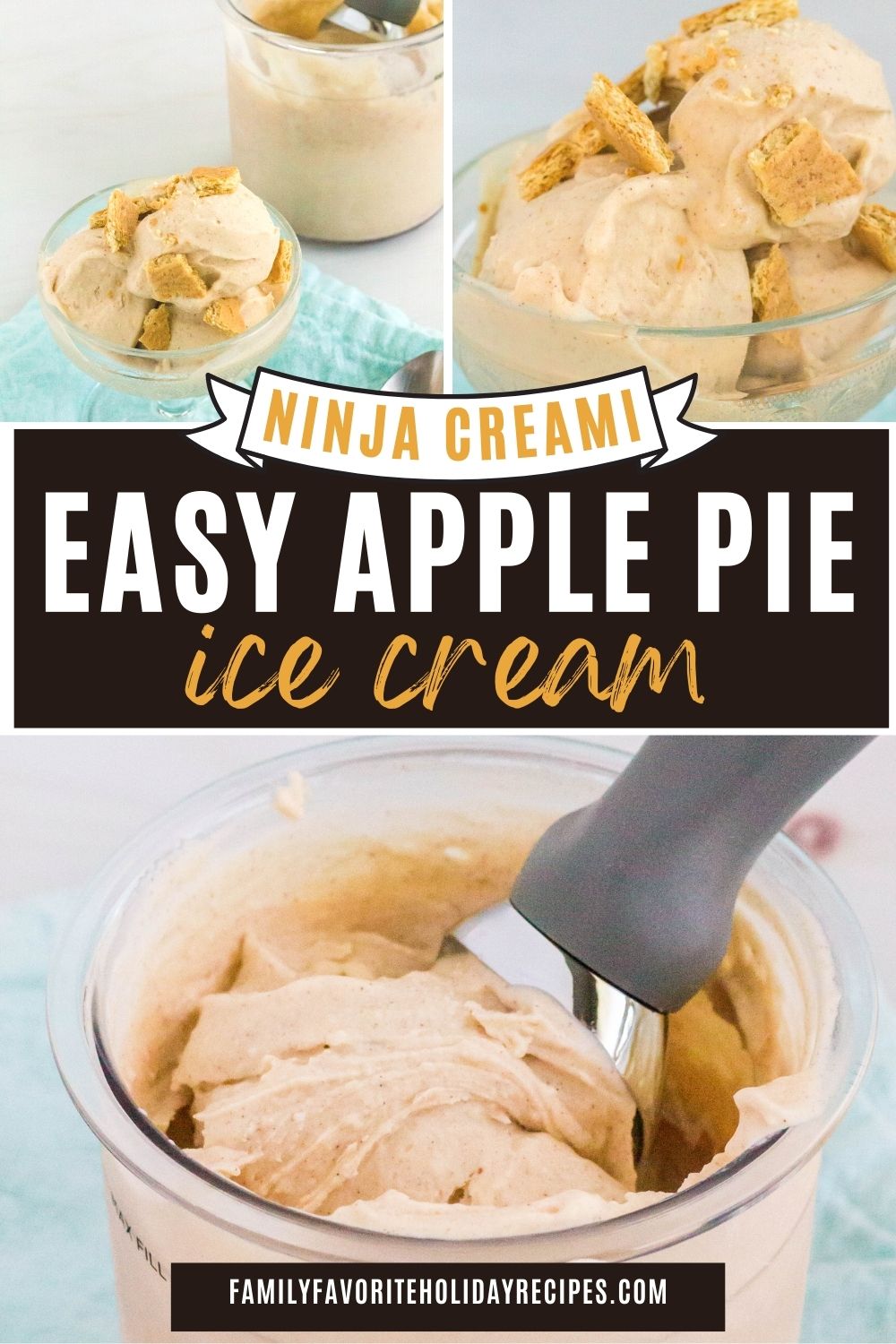 three photos showing different angles of Ninja Creami apple pie ice cream