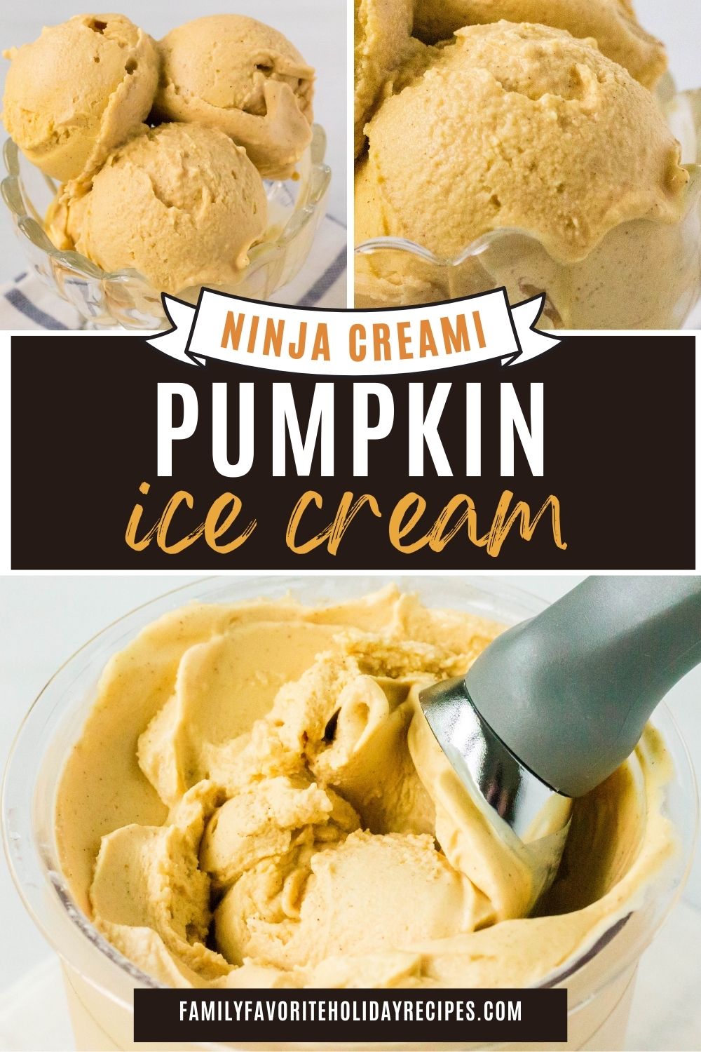 collage featuring three photos of Ninja Creami pumpkin ice cream