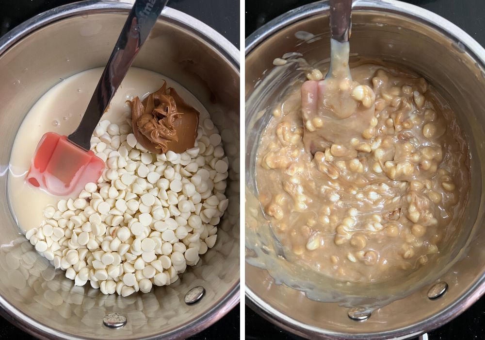 two photos; one on left shows sweetened condensed milk, white chocolate chips, and biscoff spread in a saucepan.  One on the right shows ingredients melting together.