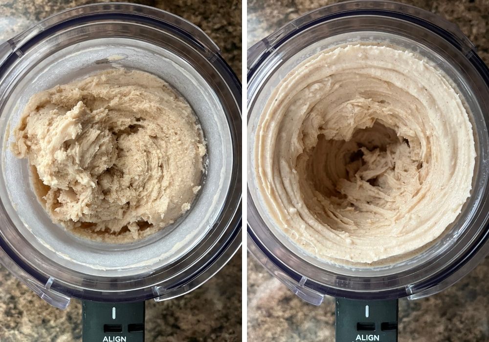 two photos of a pint of ninja creami apple pie ice cream in the outer bowl; before and after re-spin cycle