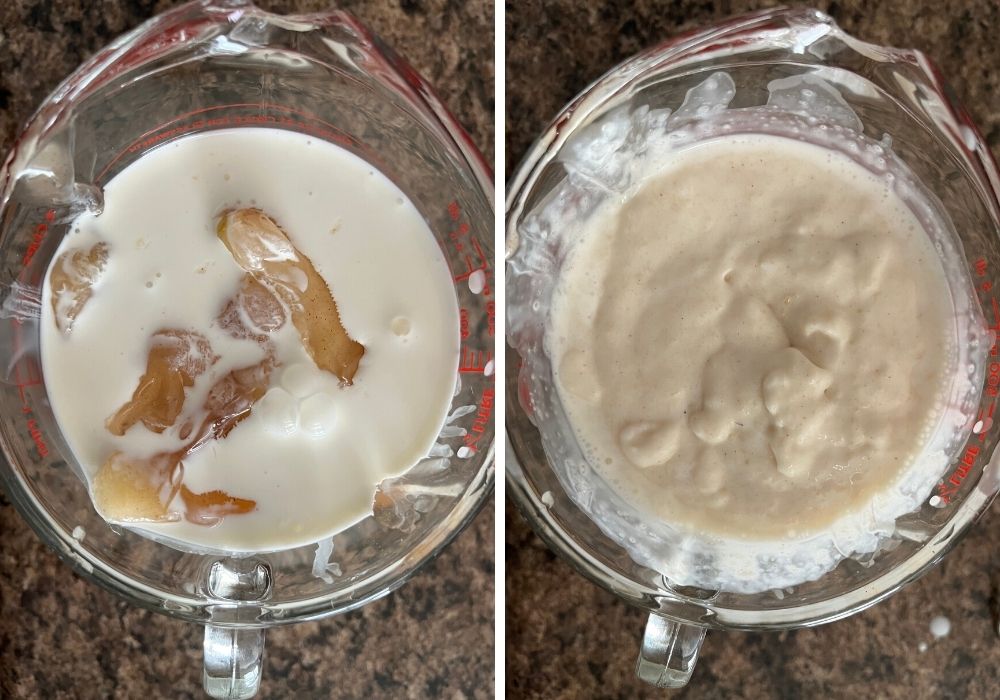 two photos: left shows apple pie filling, heavy cream, and milk in a glass measuring cup. Right shows those ingredients blended together.