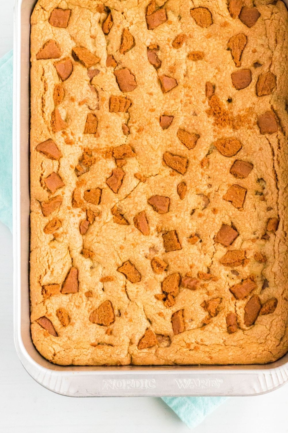 overhead view of a pan of Biscoff blondies 