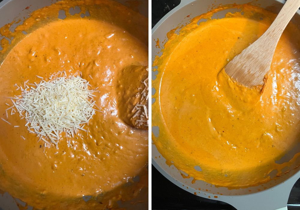 two photos; one shows parmesan cheese added to vodka sauce, the other shows it stirred into the mixture