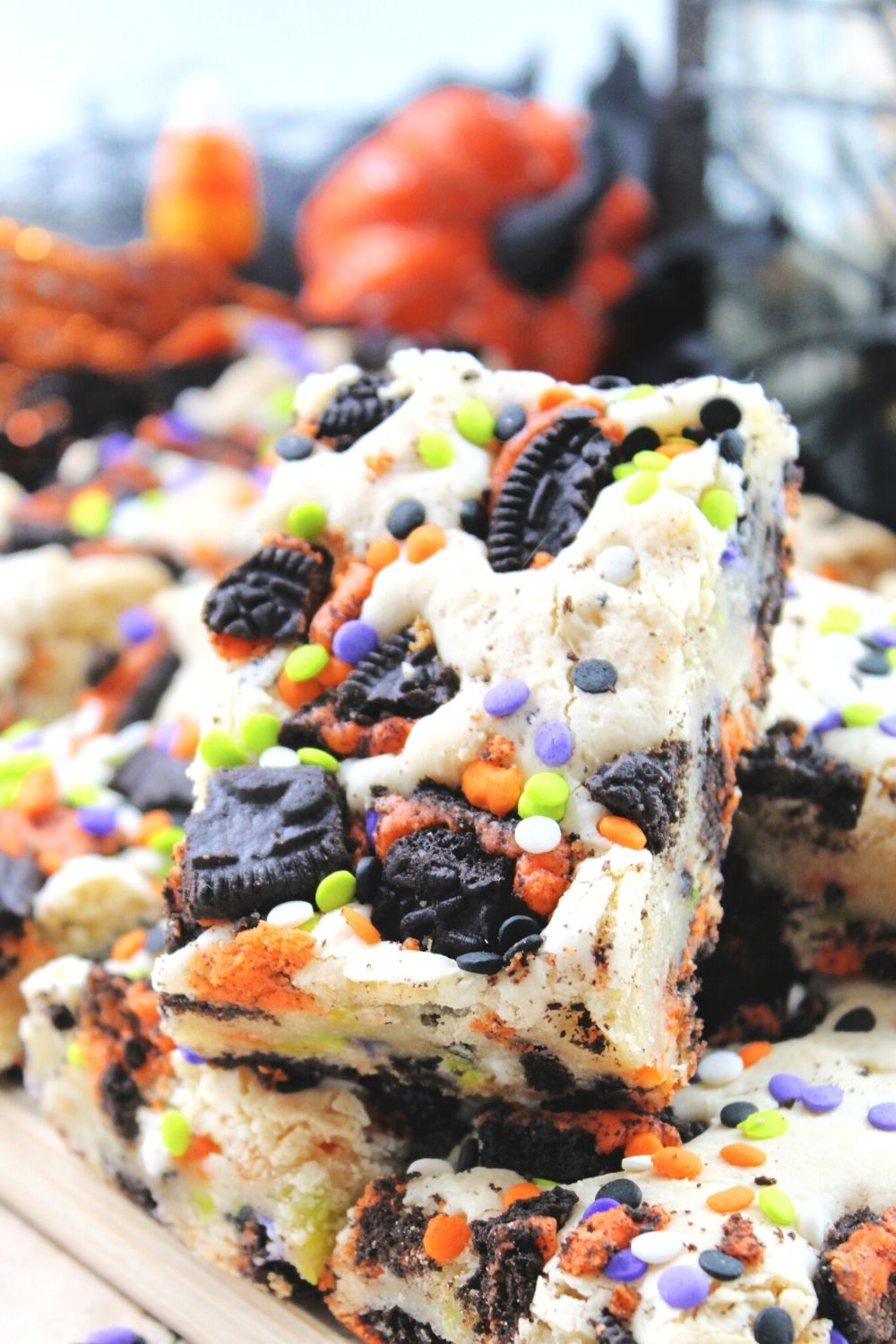 close-up view of a cake bar made with Halloween Oreos and sprinkles