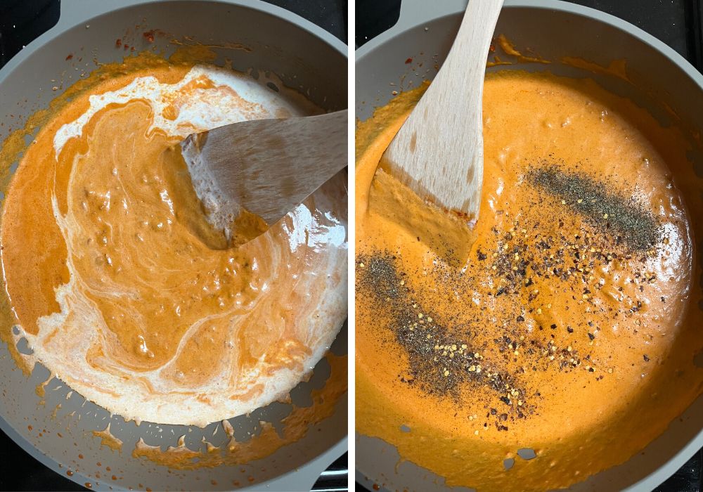 collage of two photos; one shows heavy cream being mixed into the sauce. The other shows seasonings being added to the sauce.