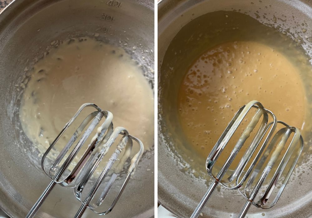 2 photos; one on the left shows flour added to milk mixture; one on the right shows golden syrup mixture added to batter.