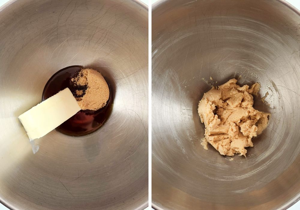 two photos showing butter, maple syrup, and brown sugar in a mixing bowl.