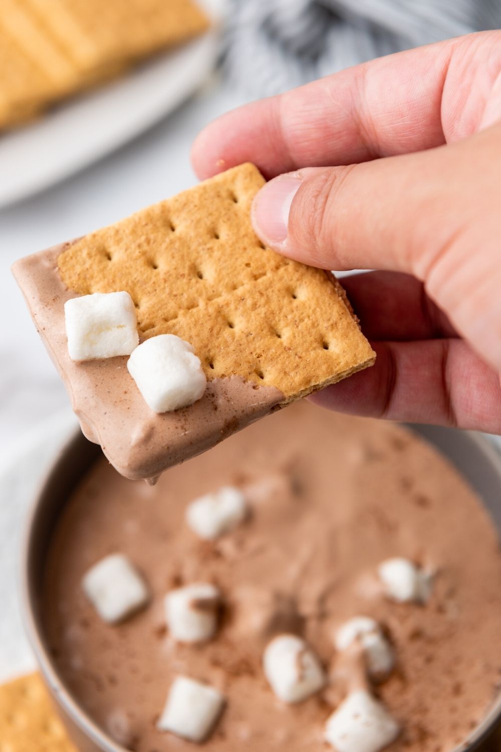 a woman's hand lifts a graham cracker up out of 3 ingredient hot cocoa dip made with marshmallow cream and cool whip