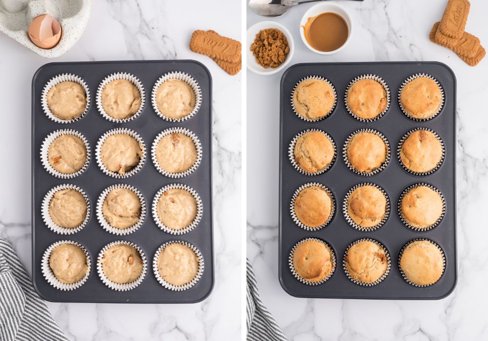 collage of 2 photos; one shows muffin batter divided among muffin liners, the other shows freshly baked muffins with biscoff cookies