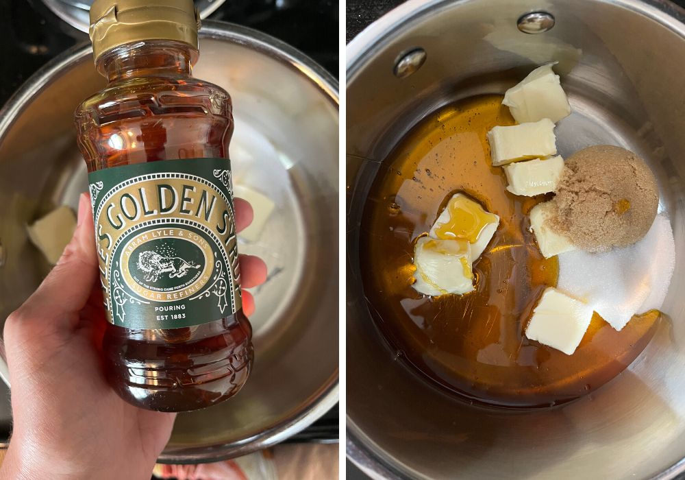 two photos; one shows a woman's hand holding a bottle of lyle's golden syrup. The other shows golden syrup, butter, brown sugar, and white sugar in a saucepan.