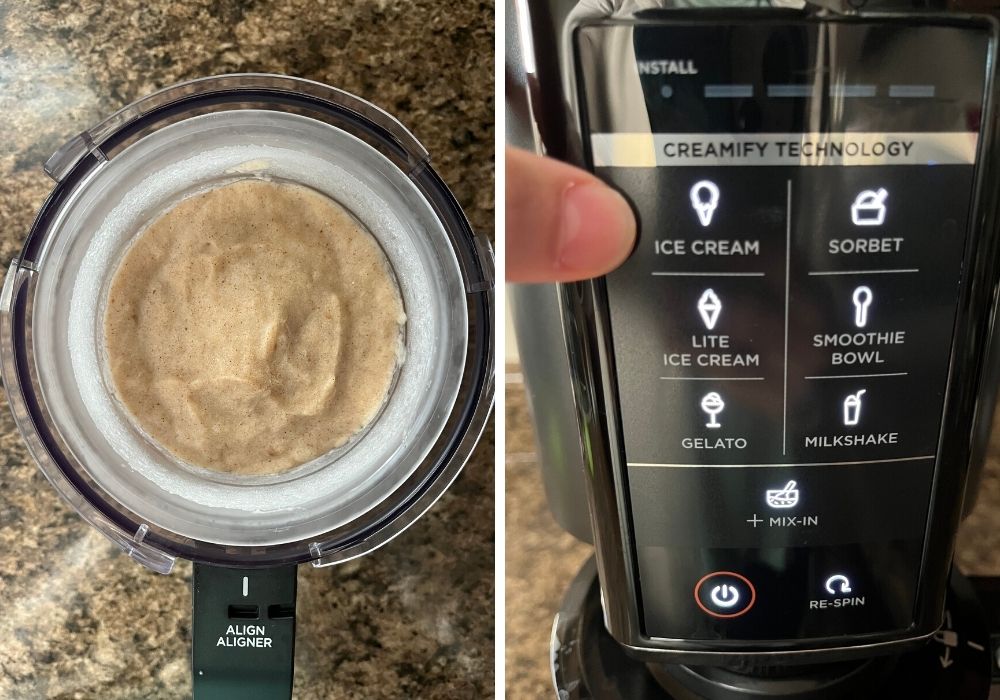 frozen base for apple pie ice cream in a ninja creami pint in the left photo; right photo shows a woman's finger pointing to the ice cream button on the ninja creami machine