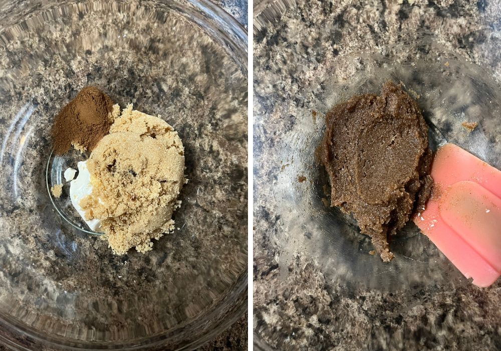 2 photos: the first shows cream cheese, pumpkin pie spice, and brown sugar in a bowl. The second shows those ingredients mixed together into a paste.