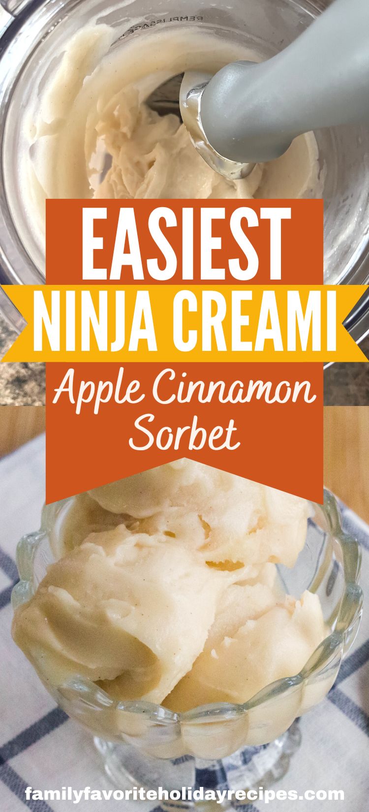 two photos showing different views of ninja creami apple cinnamon sorbet-one in the pint and one served in a dish