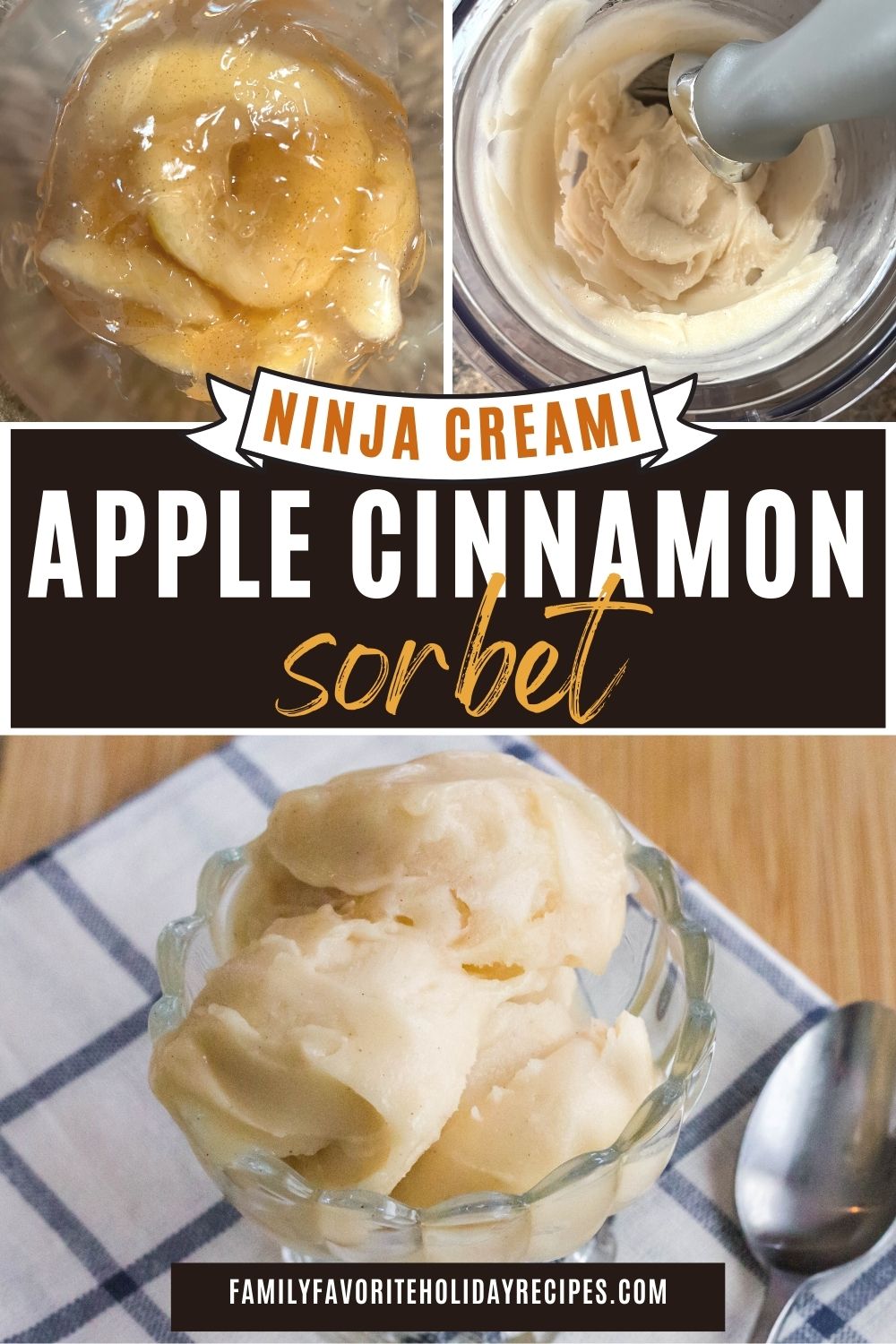 3 photos showing different views of apple cinnamon sorbet made in the ninja creami