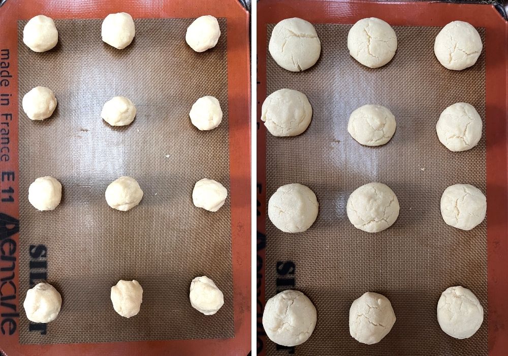 2 photos; one shows dough balls on a lined baking sheet; the other shows freshly baked Drömmar cookies on lined baking sheet