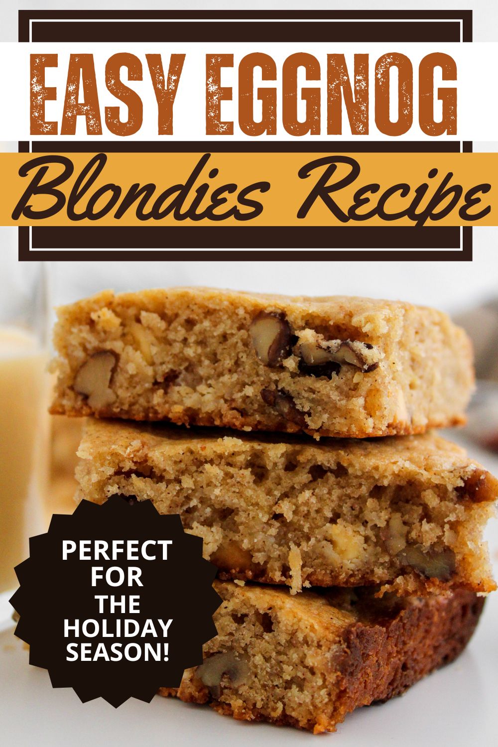 stack of eggnog blondies made with walnuts and white chocolate chips.