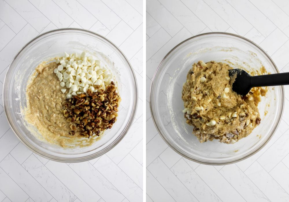 two photos; one shows walnuts and white chocolate chips added to batter, the other shows the ingredients mixed together.