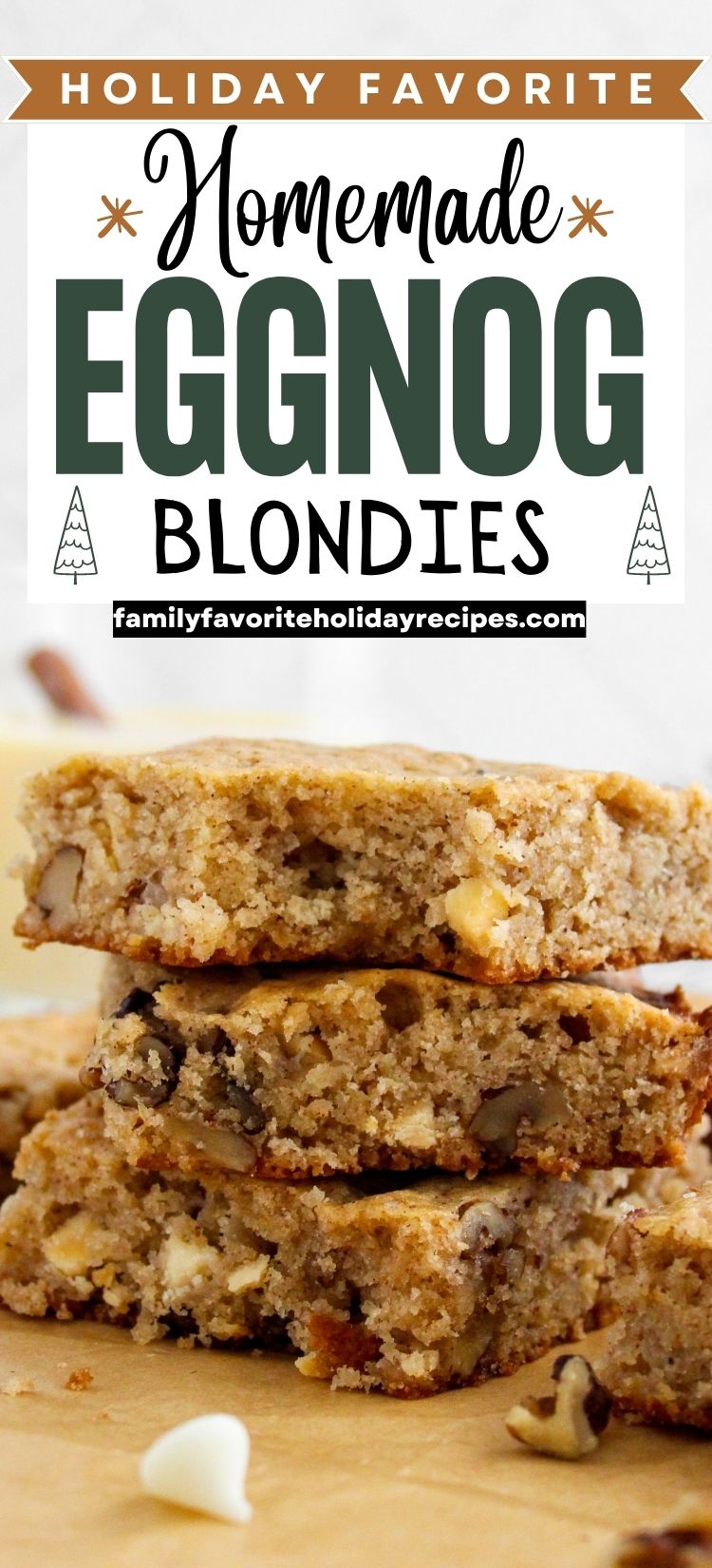 stack of eggnog blondies, one with a bite taken out of it