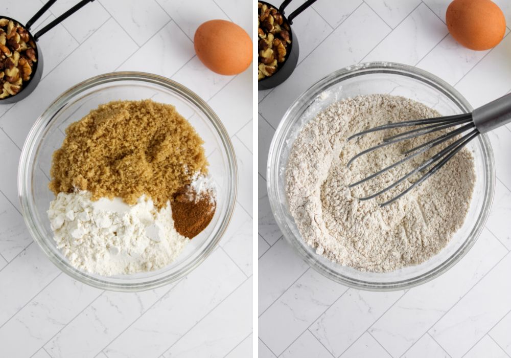two photos; one shows brown sugar, flour, baking powder, cinnamon, and nutmeg in a mixing bowl. The second photo shows those ingredients whisked together
