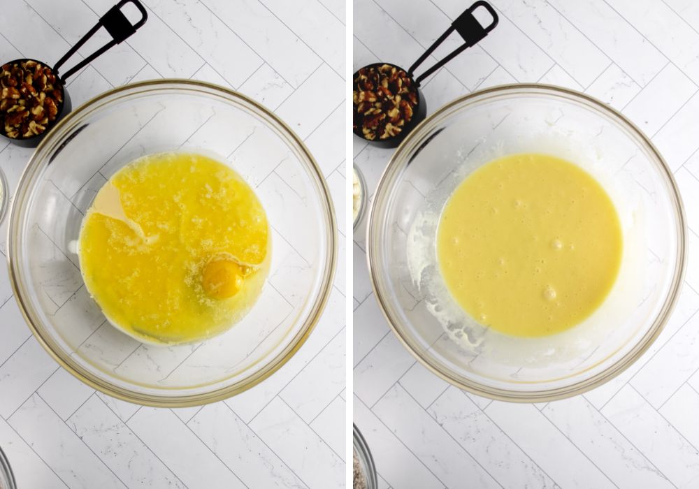 two photos showing egg, eggnog, and melted butter mixed together in a mixing bowl
