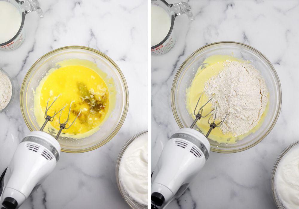two photos; one shows melted butter and vanilla extract added to the batter, the other shows flour added to the batter.
