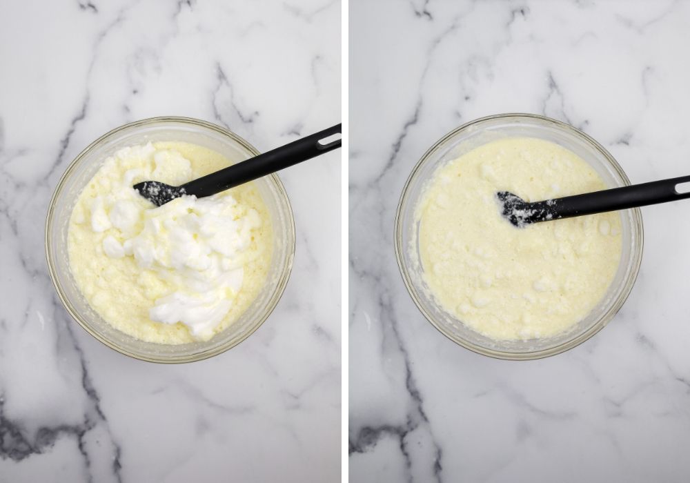 two photos; one shows beaten egg whites added to the bowl, the other shows them folded into the batter