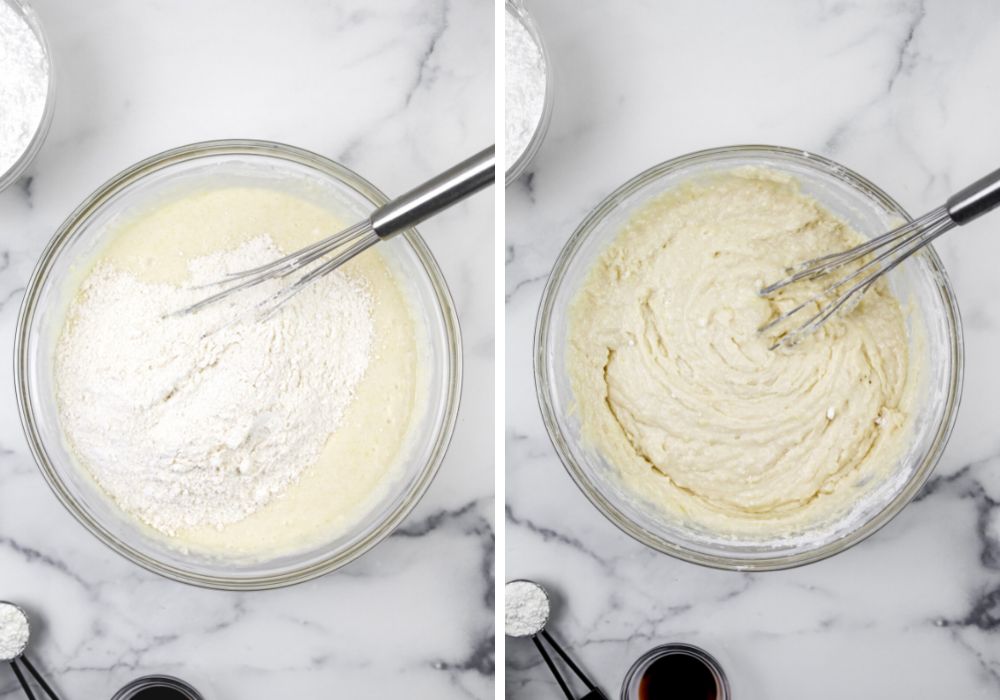 two photos; one shows flour added to wet ingredients, the other shows dry ingredients mixed into the batter