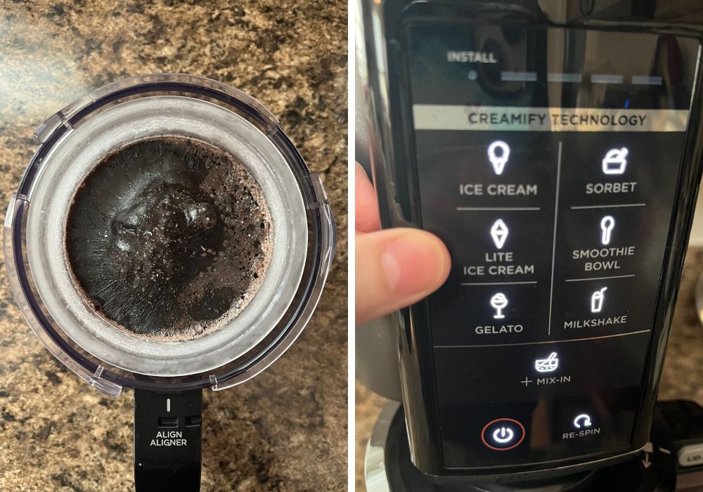 two photos; one shows frozen chocolate milk in a ninja creami pint, the other shows a finger pointing to the Lite Ice Cream button on the ninja creami machine