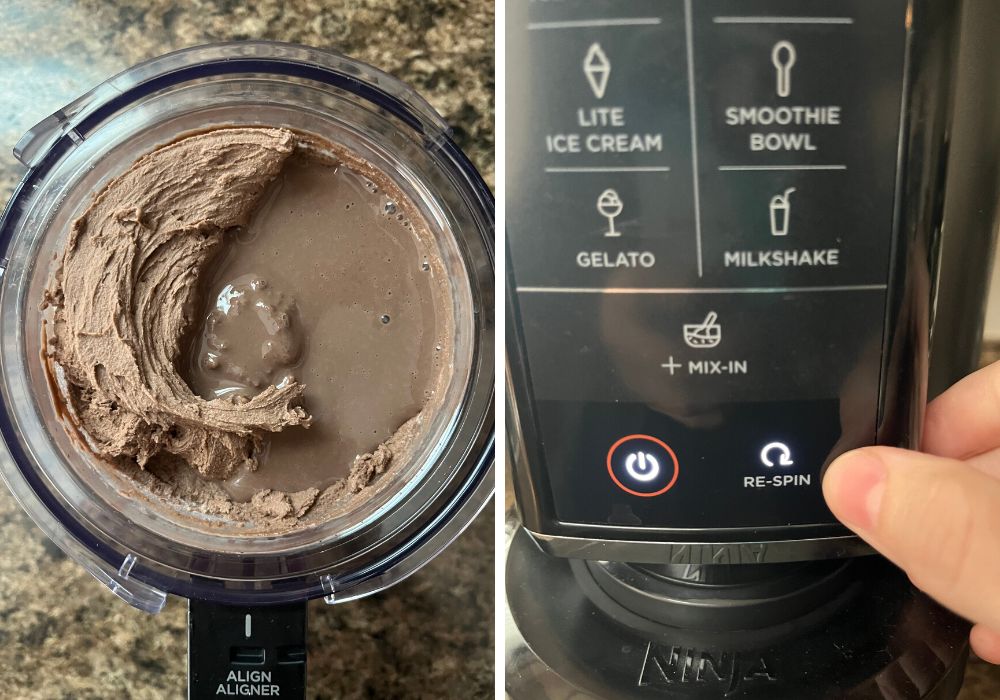two photos; one shows a tablespoon of chocolate milk added to the pint of ice cream, the other shows a finger pointing to the re-spin button on the ninja creami