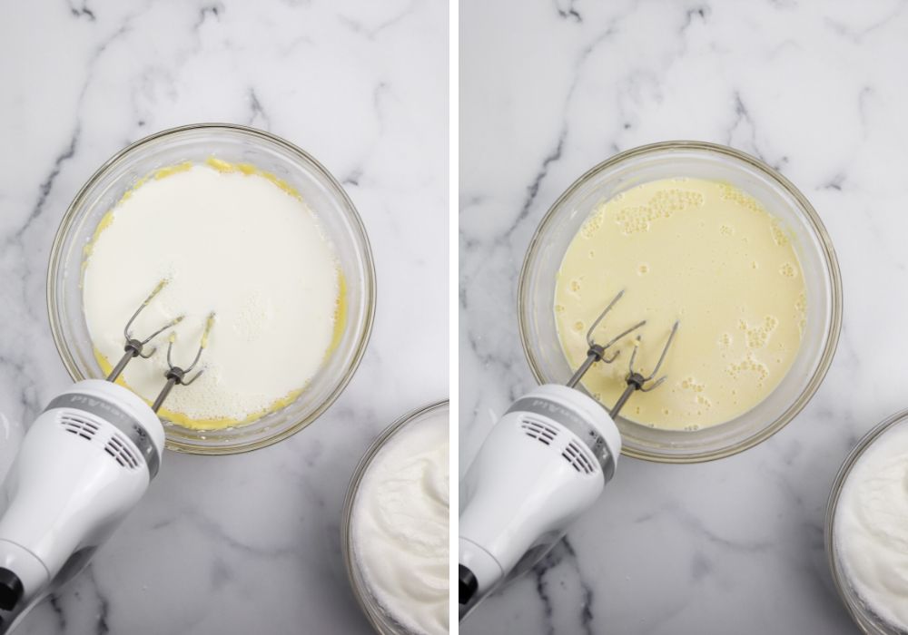 two photos; one shows milk added to the batter, the other shows it mixed in