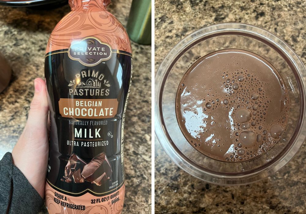 two photos; one shows a bottle of Private Selection Belgian Chocolate Milk, the other shows a Ninja Creami pint with chocolate milk poured into it