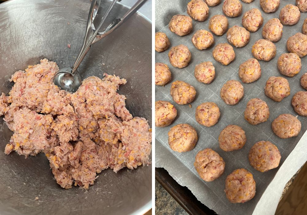 two photos;  one shows sausage ball mixture in bowl with cookie scoop, other shows raw sausage balls on parchment lined baking sheet